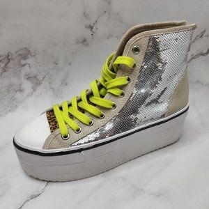 Steve Madden Y2K 90s Stories Cow Hair Sequin Leopard High Top Platform Sneakers